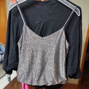 Express Sequin Spaghetti Strap Camisole Black Silver